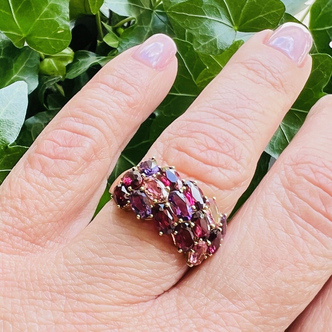 Solid 10k Yellow Gold Amethyst & Tourmaline Cluster Ring, New Size 7