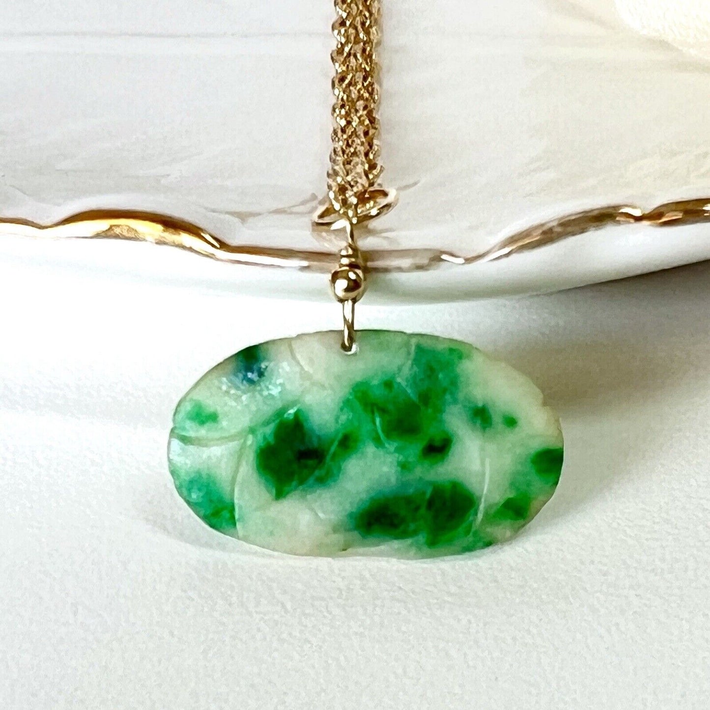 Solid 14k Yellow Gold Natural Jade Oval Disk Pendant, New