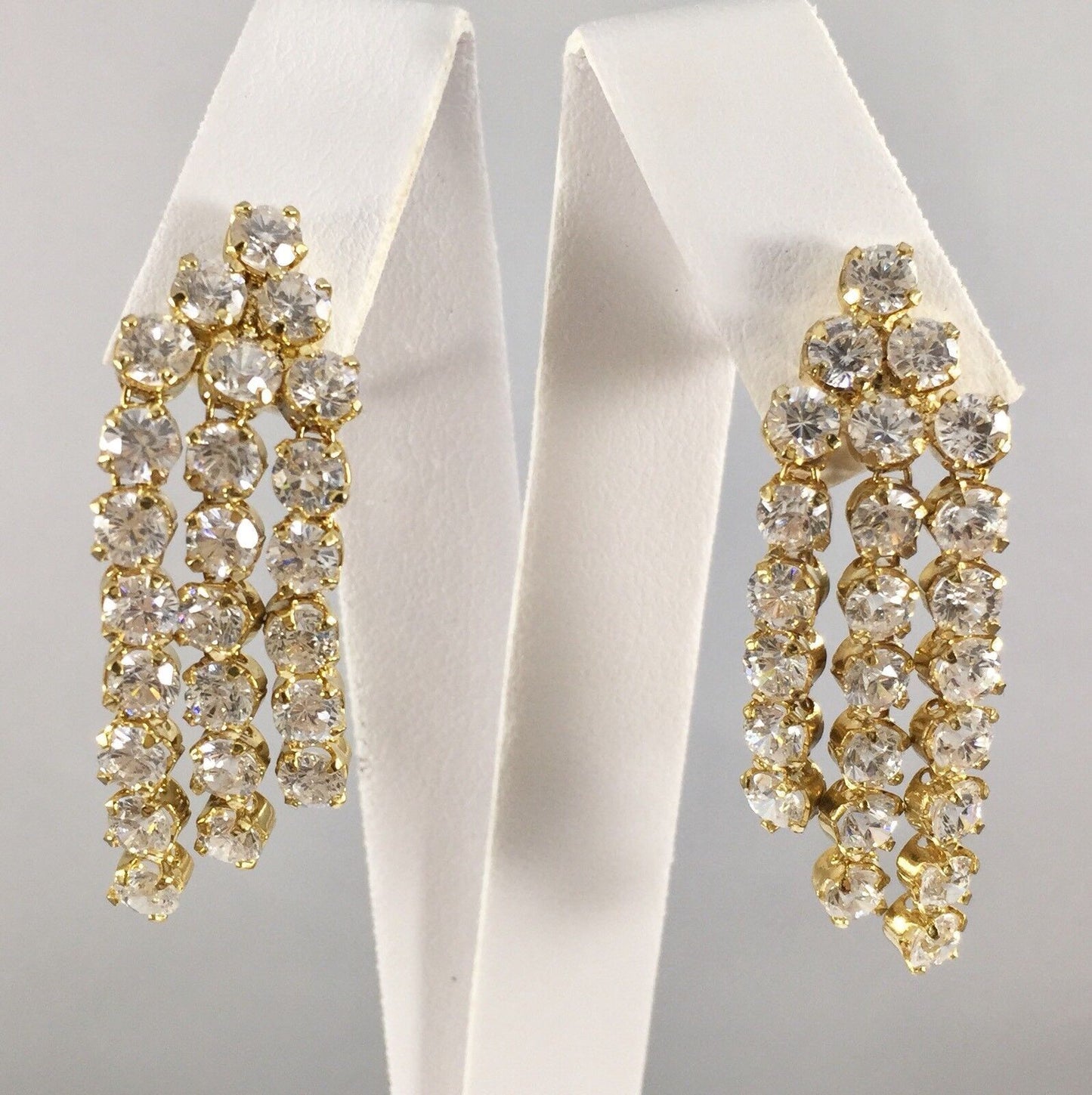 Cubic Zirconia Cascade Dangle Earrings 18kt Yellow Gold Overlay, 1.5" New