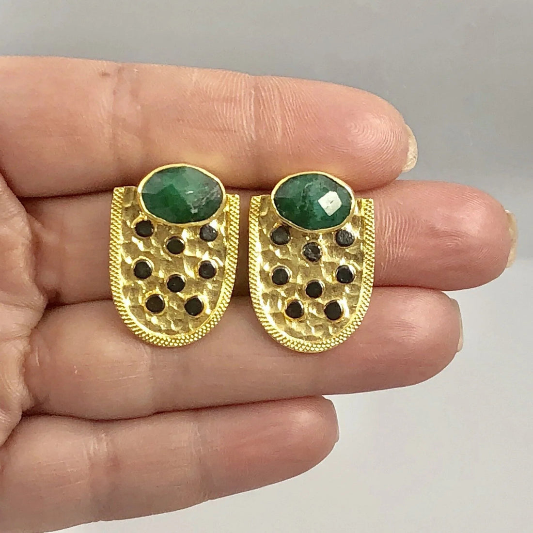 Genuine Emerald Shield 22kt Gold Over Sterling Silver Dangle Earrings