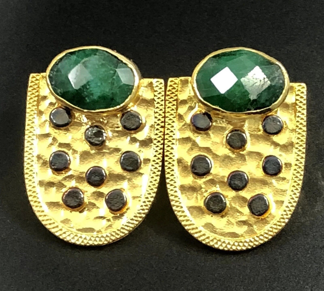 Genuine Emerald Shield 22kt Gold Over Sterling Silver Dangle Earrings